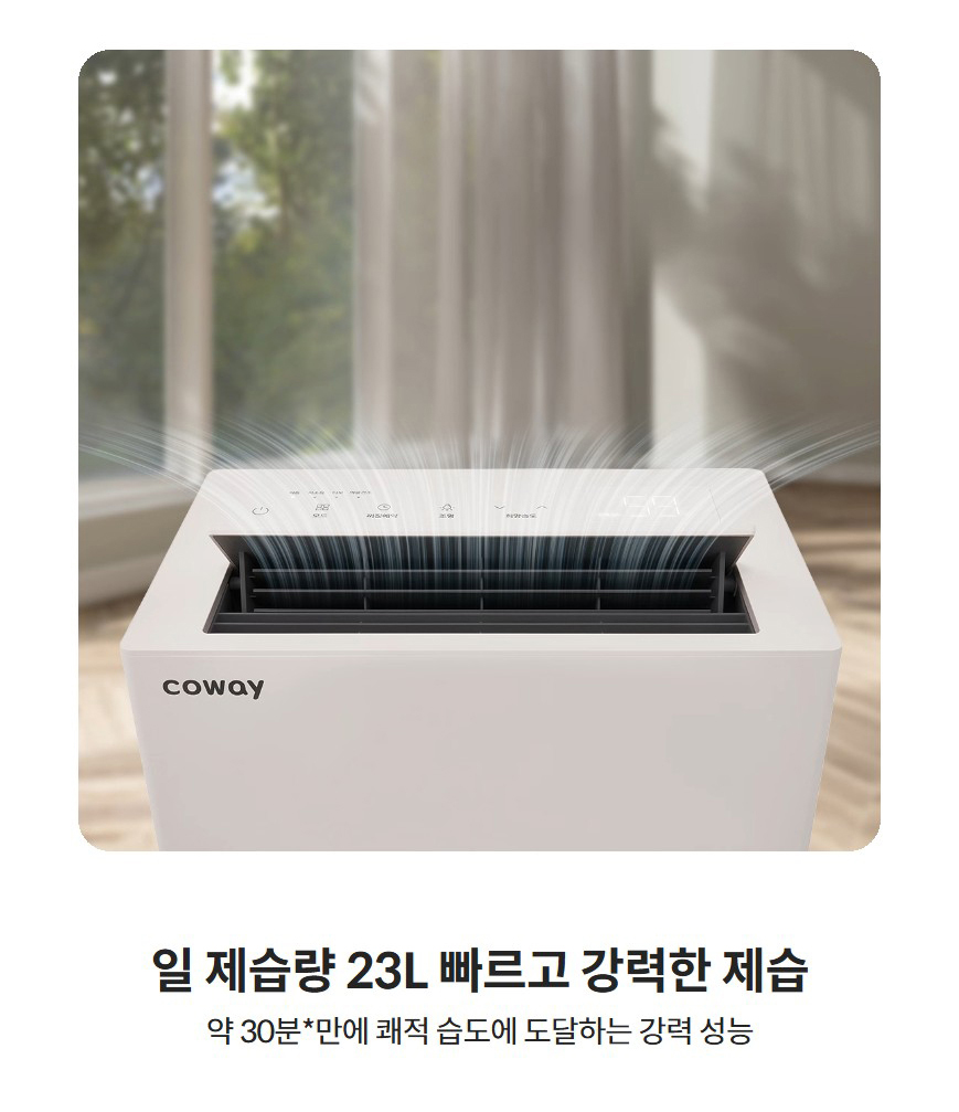 일 제습량 23L 빠르고 강력한 제습  약 30분*만에 쾌적 습도에 도달하는 강력 성능