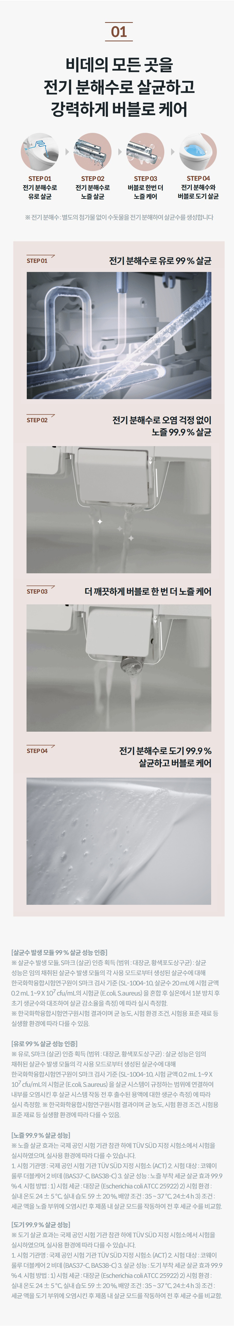 비데의 모든 곳을 전기 분해수로 살균하고 강력하게 버블로 케어  STEP 01 전기 분해수로 유로 살균  STEP 02 전기 분해수로 노즐 살균  STEP 03 버블로 한번 더 노즐 케어  STEP 04 전기 분해수와 버블로 도기 살균 ※ 전기 분해수 : 별도의 첨가물 없이 수돗물을 전기 분해하여 살균수를 생성합니다 STEP 01  전기 분해수로 유로 99 % 살균   STEP 02  전기 분해수로 오염 걱정 없이 노즐 99.9 % 살균   STEP 03  더 깨끗하게 버블로 한 번 더 노즐 케어   STEP 04  전기 분해수로 도기 99.9 % 살균하고 버블로 케어   상세정보   [살균수 발생 모듈 99 % 살균 성능 인증] ※ 살균수 발생 모듈, S마크 (살균) 인증 획득 (범위 : 대장균, 황색포도상구균) : 살균 성능은 임의 채취된 살균수 발생 모듈의 각 사용 모드로부터 생성된 살균수에 대해 한국화학융합시험연구원이 S마크 검사 기준 (SL-1004-10, 살균수 20 mL에 시험 균액 0.2 mL 1~9 X 107 cfu/mL의 시험균 (E.coli, S.aureus) 을 혼합 후 실온에서 1분 방치 후 초기 생균수와 대조하여 살균 감소율을 측정) 에 따라 실시 측정함. ※ 한국화학융합시험연구원시험 결과이며 균 농도, 시험 환경 조건, 시험용 표준 재료 등 실생활 환경에 따라 다를 수 있음.  [유로 99 % 살균 성능 인증] ※ 유로, S마크 (살균) 인증 획득 (범위 : 대장균, 황색포도상구균) : 살균 성능은 임의 채취된 살균수 발생 모듈의 각 사용 모드로부터 생성된 살균수에 대해 한국화학융합시험연구원이 S마크 검사 기준 (SL-1004-10, 시험 균액 0.2 mL 1~9 X 107 cfu/mL의 시험균 (E.coli, S.aureus) 을 살균 시스템이 규정하는 범위에 연결하여 내부를 오염시킨 후 살균 시스템 작동 전 후 출수된 용액에 대한 생균수 측정) 에 따라 실시 측정함. ※ 한국화학융합시험연구원시험 결과이며 균 농도, 시험 환경 조건, 시험용 표준 재료 등 실생활 환경에 따라 다를 수 있음.  [노즐 99.9 % 살균 성능] ※ 노즐 살균 효과는 국제 공인 시험 기관 참관 하에 TÜV SÜD 지정 시험소에서 시험을 실시하였으며, 실사용 환경에 따라 다를 수 있습니다. 1. 시험 기관명 : 국제 공인 시험 기관 TÜV SÜD 지정 시험소 (ACT) 2. 시험 대상 : 코웨이 룰루 더블케어 2 비데 (BAS37-C, BAS38-C) 3. 살균 성능 : 노즐 부착 세균 살균 효과 99.9 % 4. 시험 방법 : 1) 시험 세균 : 대장균 (Escherichia coli ATCC 25922) 2) 시험 환경 : 실내 온도 24 ± 5 ℃, 실내 습도 59 ± 20 %, 배양 조건 : 35 ~ 37 °C, 24±4 h 3) 조건 : 세균 액을 노즐 부위에 오염시킨 후 제품 내 살균 모드를 작동하여 전 후 세균 수를 비교함.  [도기 99.9 % 살균 성능] ※ 도기 살균 효과는 국제 공인 시험 기관 참관 하에 TÜV SÜD 지정 시험소에서 시험을 실시하였으며, 실사용 환경에 따라 다를 수 있습니다. 1. 시험 기관명 : 국제 공인 시험 기관 TÜV SÜD 지정 시험소 (ACT) 2. 시험 대상 : 코웨이 룰루 더블케어 2 비데 (BAS37-C, BAS38-C) 3. 살균 성능 : 도기 부착 세균 살균 효과 99.9 % 4. 시험 방법 : 1) 시험 세균 : 대장균 (Escherichia coli ATCC 25922) 2) 시험 환경 : 실내 온도 24 ± 5 ℃, 실내 습도 59 ± 20 %, 배양 조건 : 35 ~ 37 °C, 24±4 h 3) 조건 : 세균 액을 도기 부위에 오염시킨 후 제품 내 살균 모드를 작동하여 전 후 세균 수를 비교함.