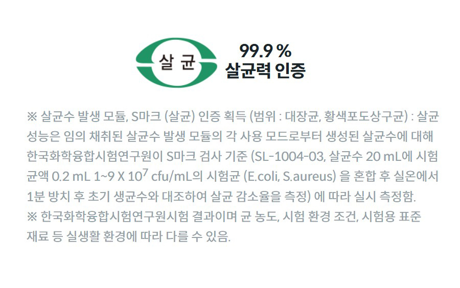 99.9 % 살균력 인증 ※ 살균수 발생 모듈, S마크 (살균) 인증 획득 (범위 : 대장균, 황색포도상구균) : 살균 성능은 임의 채취된 살균수 발생 모듈의 각 사용 모드로부터 생성된 살균수에 대해 한국화학융합시험연구원이 S마크 검사 기준 (SL-1004-03, 살균수 20 mL에 시험 균액 0.2 mL 1~9 X 107 cfu/mL의 시험균 (E.coli, S.aureus) 을 혼합 후 실온에서 1분 방치 후 초기 생균수와 대조하여 살균 감소율을 측정) 에 따라 실시 측정함. ※ 한국화학융합시험연구원시험 결과이며 균 농도, 시험 환경 조건, 시험용 표준 재료 등 실생활 환경에 따라 다를 수 있음.