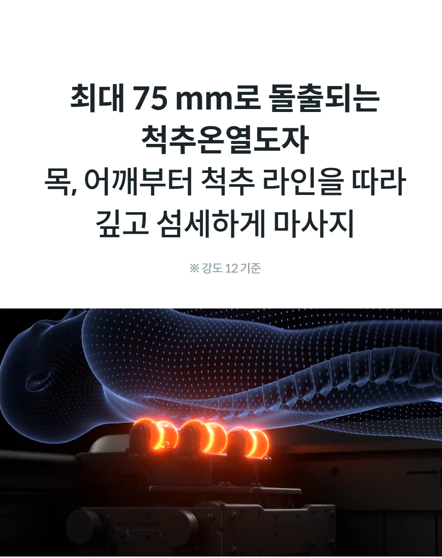 최대 75 mm로 돌출되는 척추온열도자 목, 어깨부터 척추 라인을 따라 깊고 섬세하게 마사지  ※ 강도 12 기준