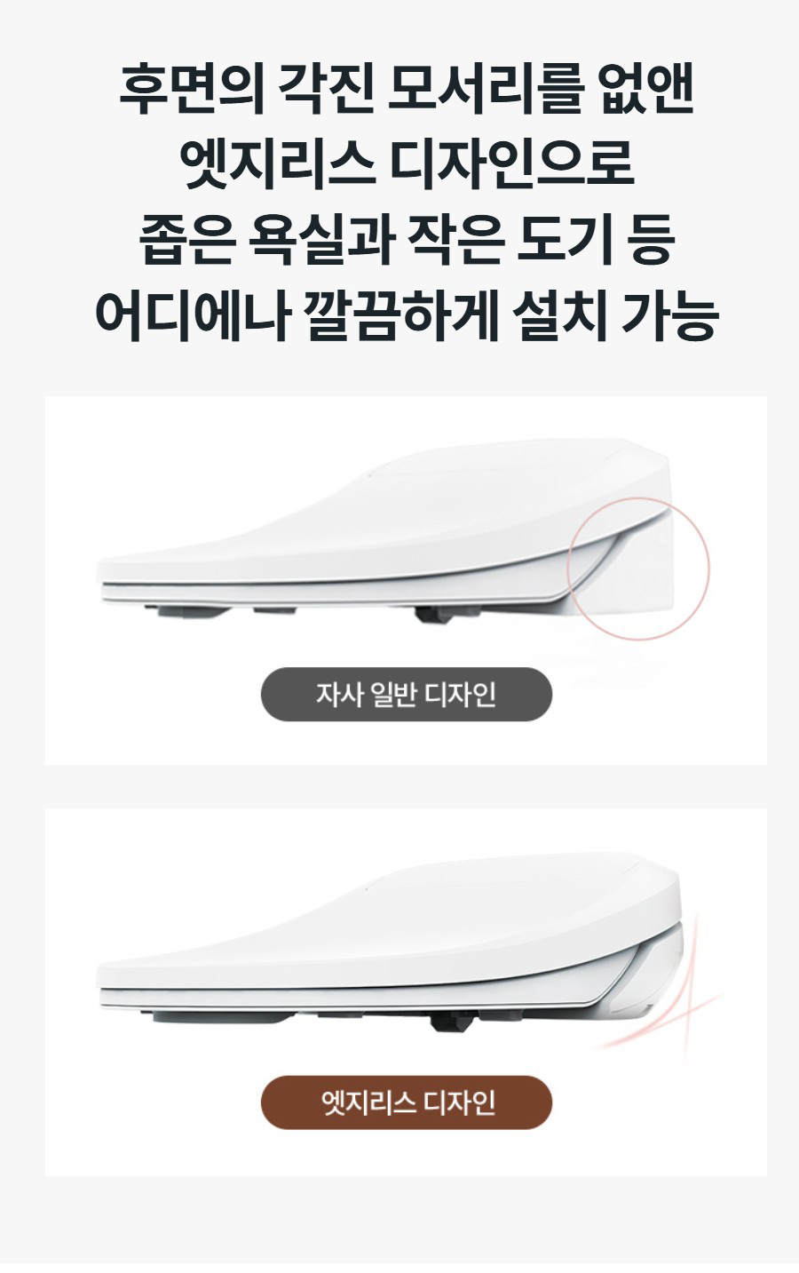 후면의 각진 모서리를 없앤 엣지리스 디자인으로 좁은 욕실과 작은 도기 등 어디에나 깔끔하게 설치 가능