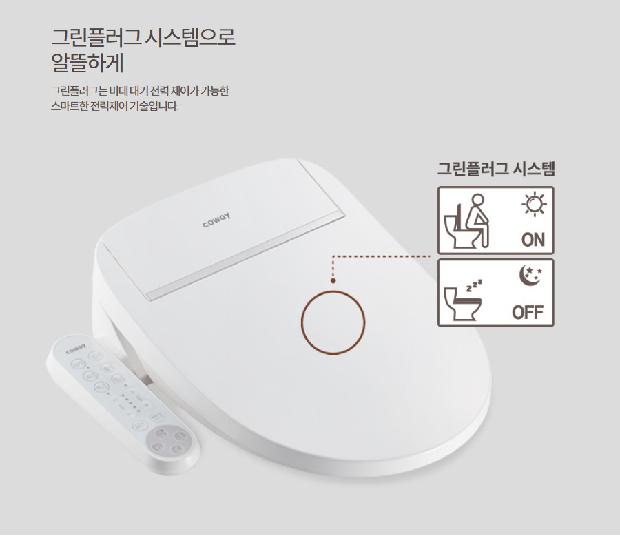 그린플러그 시스템으로 알뜰하게 그린플러그는 비데 대기 전력 제어가 가능한 스마트한 전력제어 기술입니다.