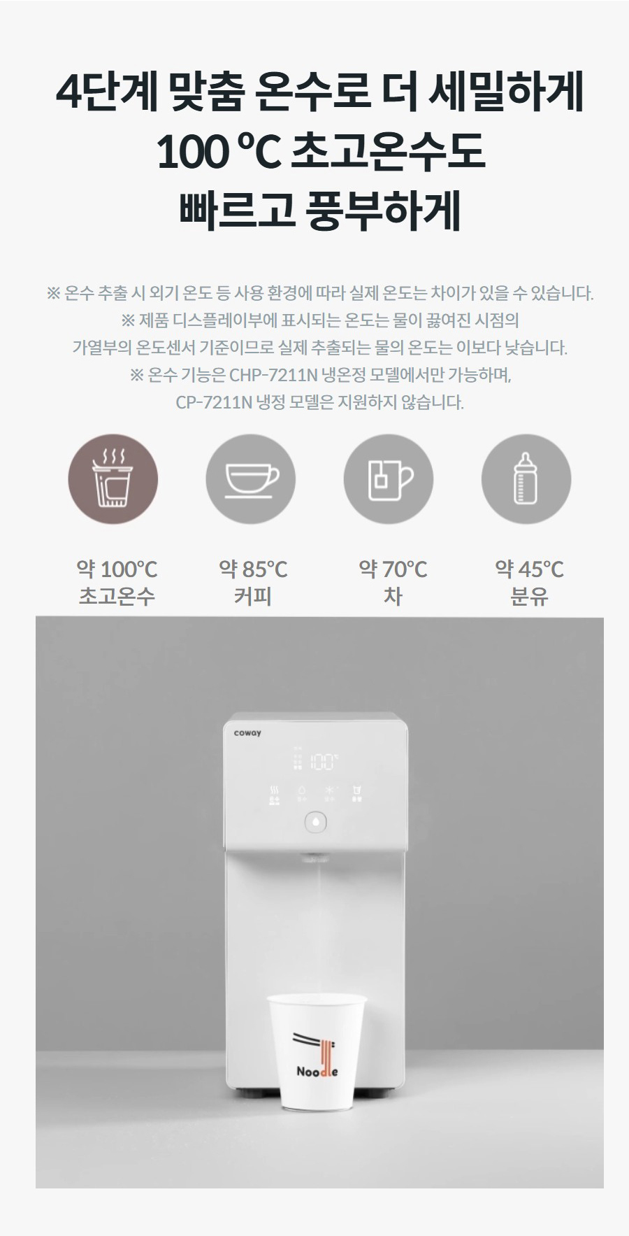 4단계 맞춤 온수로 더 세밀하게 100 ºC 초고온수도 빠르고 풍부하게 ※ 온수 추출 시 외기 온도 등 사용 환경에 따라 실제 온도는 차이가 있을 수 있습니다. ※ 제품 디스플레이부에 표시되는 온도는 물이 끓여진 시점의 가열부의 온도센서 기준이므로 실제 추출되는 물의 온도는 이보다 낮습니다. ※ 온수 기능은 CHP-7211N 냉온정 모델에서만 가능하며, CP-7211N 냉정 모델은 지원하지 않습니다. 약 100℃ 초고온수약 85℃ 커피약 70℃ 차약 45℃ 분유