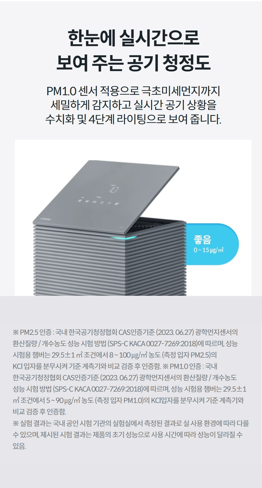 한눈에 실시간으로 보여 주는 공기 청정도 PM1.0 센서 적용으로 극초미세먼지까지 세밀하게 감지하고 실시간 공기 상황을 수치화 및 4단계 라이팅으로 보여 줍니다.  상세정보 ※ PM2.5 인증 : 국내 한국공기청정협회 CAS인증기준 (2023. 06.27) 광학먼지센서의 환산질량 / 개수농도 성능 시험 방법 (SPS-C KACA 0027-7269:2018)에 따르며, 성능 시험용 챔버는 29.5±1 ㎥ 조건에서 8 ~ 100 ㎍/㎥ 농도 (측정 입자 PM2.5)의 KCl 입자를 분무시켜 기준 계측기와 비교 검증 후 인증함. ※ PM1.0 인증 : 국내 한국공기청정협회 CAS인증기준 (2023. 06.27) 광학먼지센서의 환산질량 / 개수농도 성능 시험 방법 (SPS-C KACA 0027-7269:2018)에 따르며, 성능 시험용 챔버는 29.5±1 ㎥ 조건에서 5 ~ 90 ㎍/㎥ 농도 (측정 입자 PM1.0)의 KCl입자를 분무시켜 기준 계측기와 비교 검증 후 인증함. ※ 실험 결과는 국내 공인 시험 기관의 실험실에서 측정된 결과로 실 사용 환경에 따라 다를 수 있으며, 제시된 시험 결과는 제품의 초기 성능으로 사용 시간에 따라 성능이 달라질 수 있음.