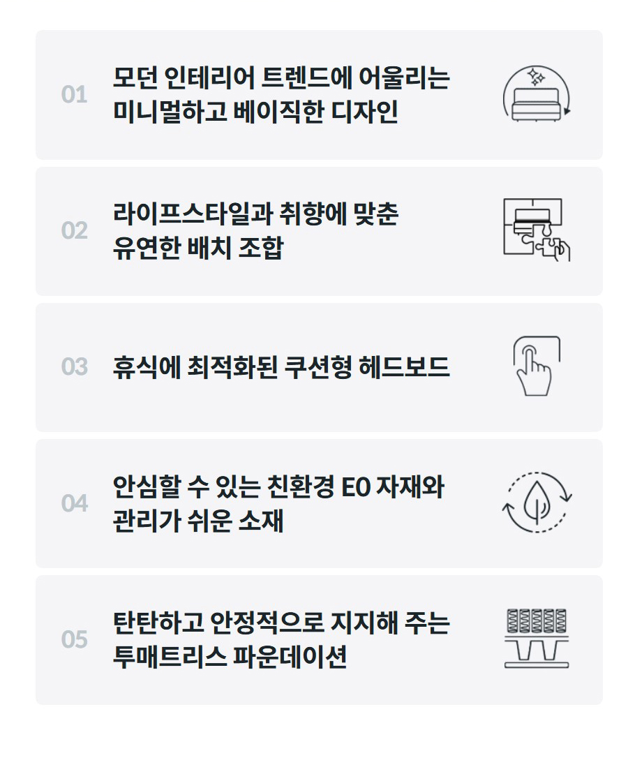 01  모던 인테리어 트렌드에 어울리는 미니멀하고 베이직한 디자인    02  라이프스타일과 취향에 맞춘 유연한 배치 조합    03  휴식에 최적화된 쿠션형 헤드보드    04  안심할 수 있는 친환경 E0 자재와 관리가 쉬운 소재    05  탄탄하고 안정적으로 지지해 주는 투매트리스 파운데이션