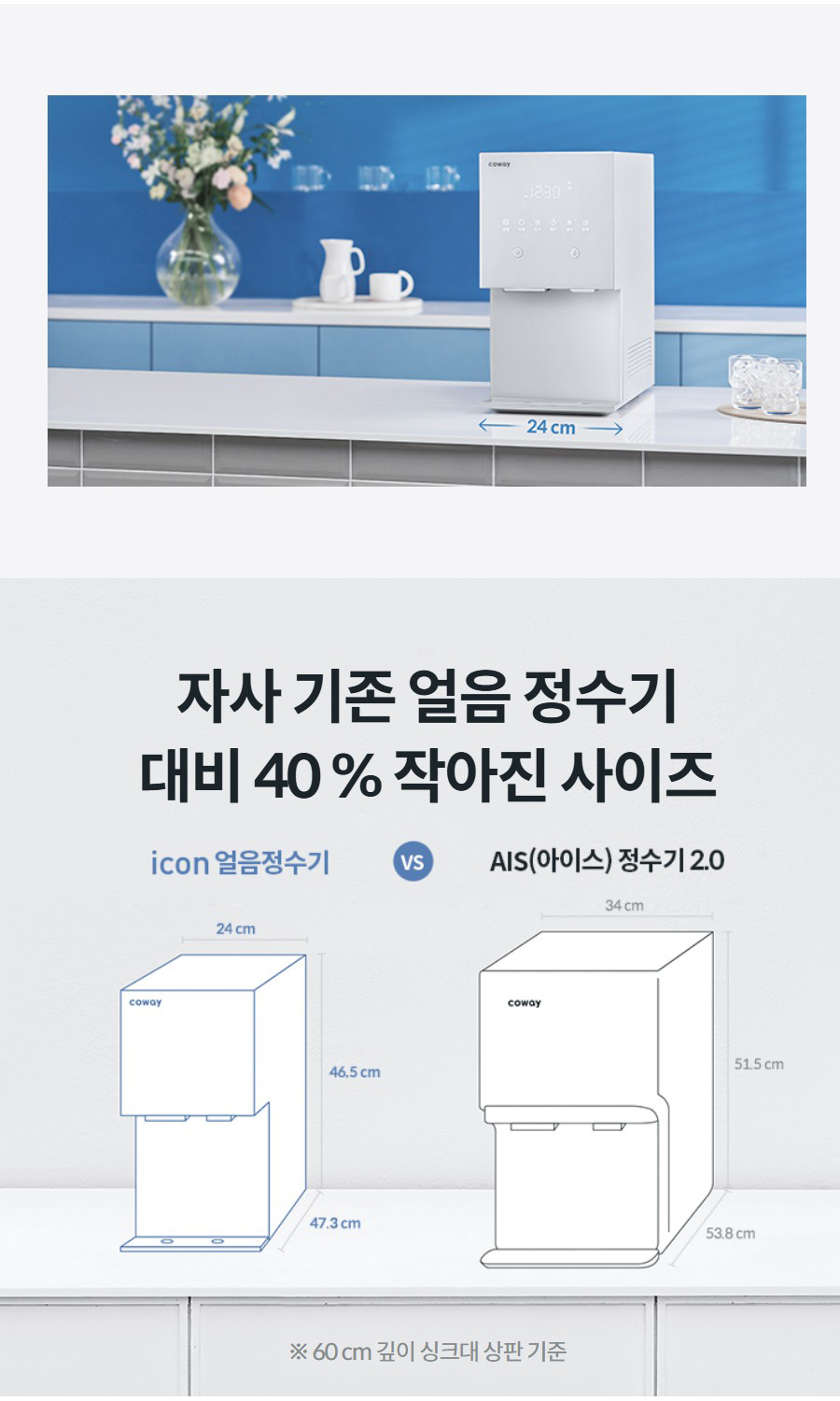자사 기존 얼음 정수기 대비 40 % 작아진 사이즈 ※ 60 cm 깊이 싱크대 상판 기준