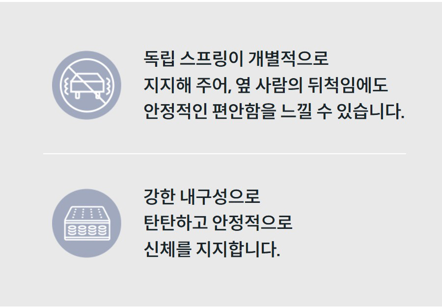 독립 스프링이 개별적으로 지지해 주어, 옆 사람의 뒤척임에도 안정적인 편안함을 느낄 수 있습니다.  강한 내구성 탄탄한 지지 강한 내구성으로 탄탄하고 안정적으로 신체를 지지합니다.
