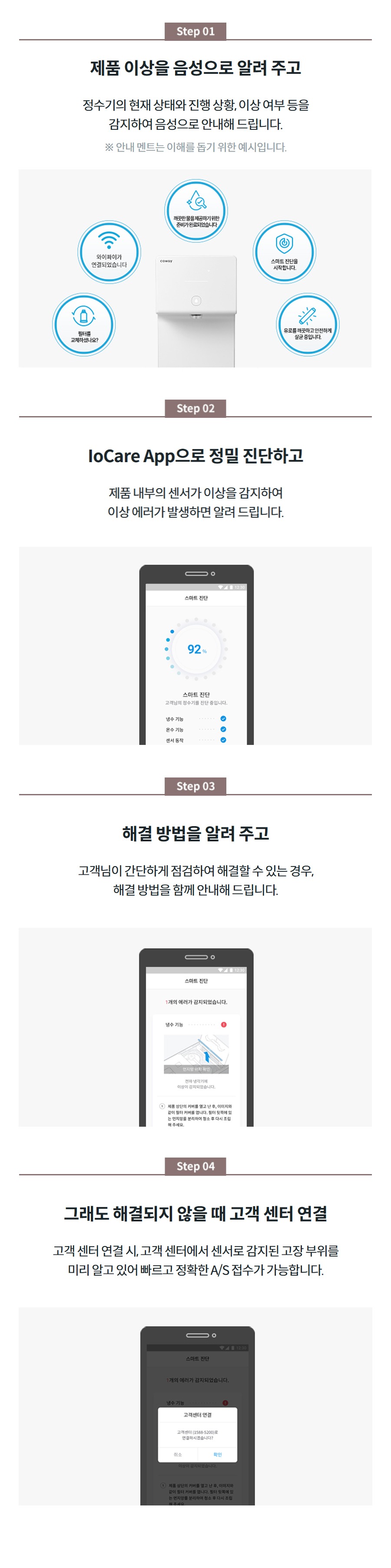 AI 스마트 진단으로 똑똑한 제품 관리 기기의 상태를 실시간으로 모니터링하여 해결 방법까지 알려 주는 스마트 진단  제품 이상을 음성으로 알려 주고 정수기의 현재 상태와 진행 상황, 이상 여부 등을 감지하여 음성으로 안내해 드립니다. ※ 안내 멘트는 이해를 돕기 위한 예시입니다.   IoCare App으로 정밀 진단하고 제품 내부의 센서가 이상을 감지하여 이상 에러가 발생하면 알려 드립니다.   해결 방법을 알려 주고 고객님이 간단하게 점검하여 해결할 수 있는 경우, 해결 방법을 함께 안내해 드립니다.   그래도 해결되지 않을 때 고객 센터 연결 고객 센터 연결 시, 고객 센터에서 센서로 감지된 고장 부위를 미리 알고 있어 빠르고 정확한 A/S 접수가 가능합니다.