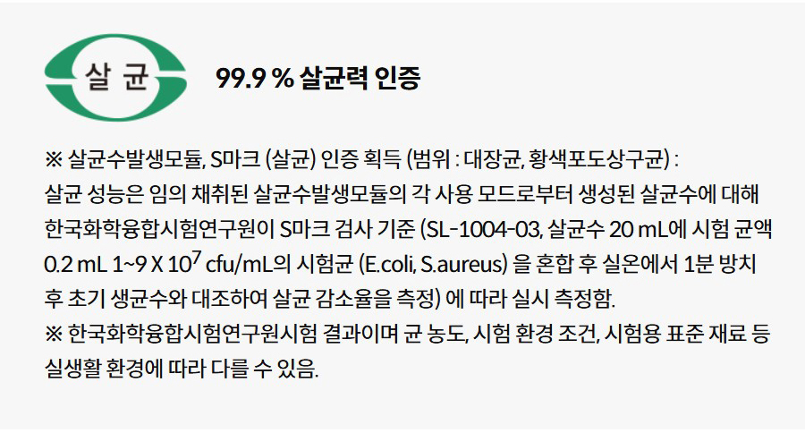 99.9 % 살균력 인증 ※ 살균수발생모듈, S마크 (살균) 인증 획득 (범위 : 대장균, 황색포도상구균) : 살균 성능은 임의 채취된 살균수발생모듈의 각 사용 모드로부터 생성된 살균수에 대해 한국화학융합시험연구원이 S마크 검사 기준 (SL-1004-03, 살균수 20 mL에 시험 균액 0.2 mL 1~9 X 107 cfu/mL의 시험균 (E.coli, S.aureus) 을 혼합 후 실온에서 1분 방치 후 초기 생균수와 대조하여 살균 감소율을 측정) 에 따라 실시 측정함. ※ 한국화학융합시험연구원시험 결과이며 균 농도, 시험 환경 조건, 시험용 표준 재료 등 실생활 환경에 따라 다를 수 있음.