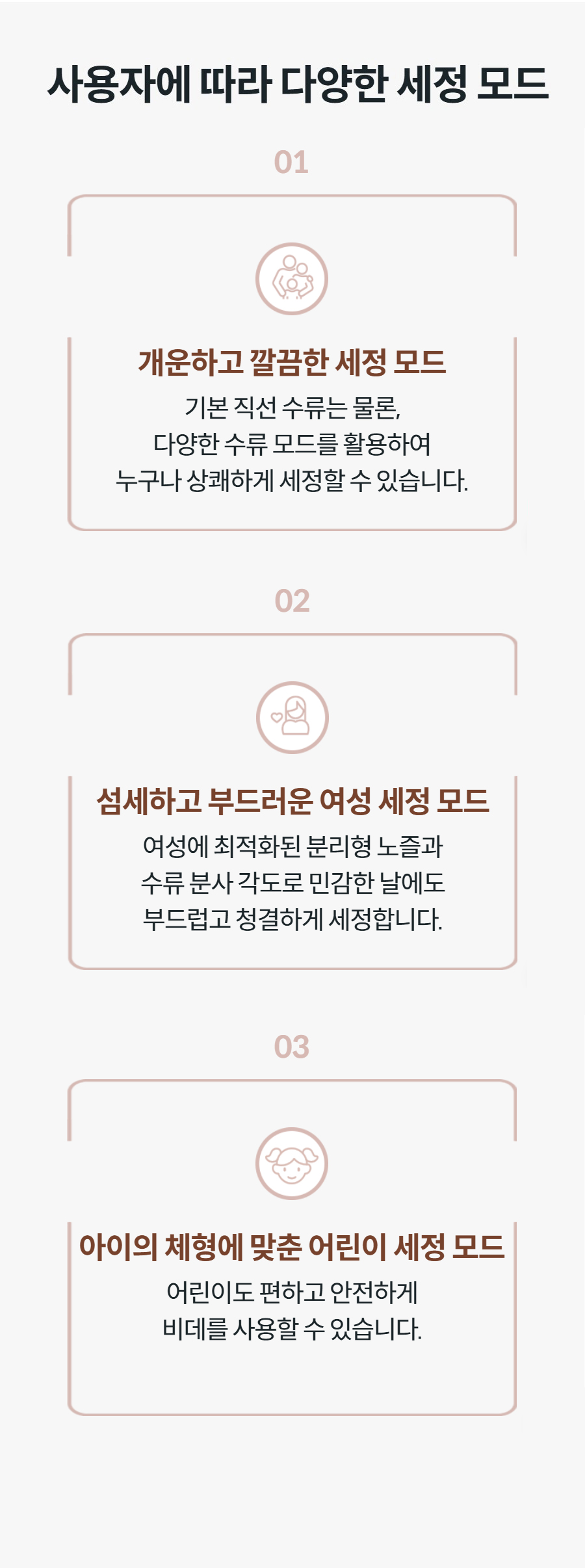 사용자에 따라 다양한 세정 모드 03  아이의 체형에 맞춘 어린이 세정 모드 어린이도 편하고 안전하게 비데를 사용할 수 있습니다.  01  개운하고 깔끔한 세정 모드 기본 직선 수류는 물론, 다양한 수류 모드를 활용하여 누구나 상쾌하게 세정할 수 있습니다.  02  섬세하고 부드러운 여성 세정 모드 여성에 최적화된 분리형 노즐과 수류 분사 각도로 민감한 날에도 부드럽고 청결하게 세정합니다.  03  아이의 체형에 맞춘 어린이 세정 모드 어린이도 편하고 안전하게 비데를 사용할 수 있습니다.