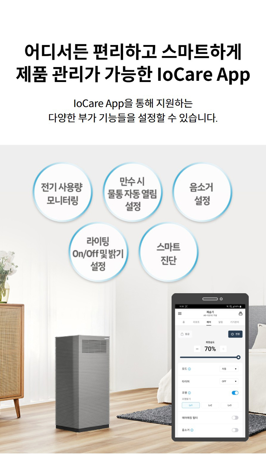 어디서든 편리하고 스마트하게 제품 관리가 가능한 IoCare App IoCare App을 통해 지원하는 다양한 부가 기능들을 설정할 수 있습니다.