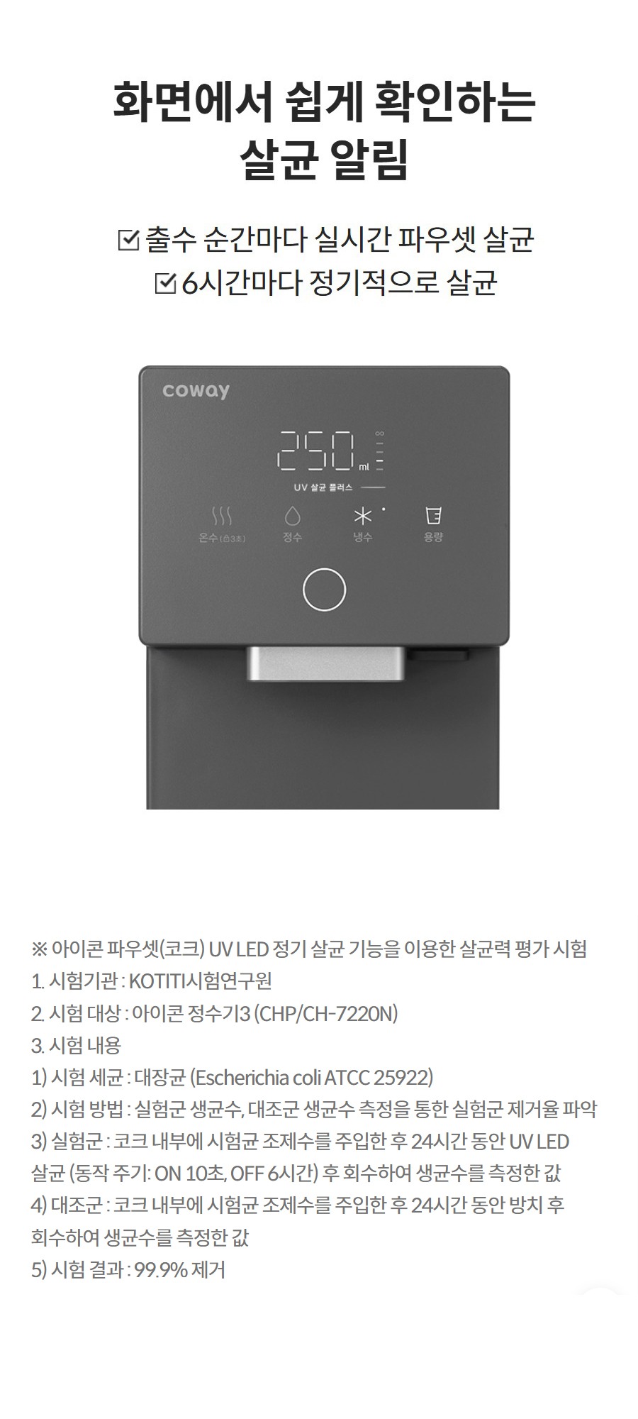 화면에서 쉽게 확인하는 살균 알림 출수 순간마다 실시간 파우셋 살균 6시간마다 정기적으로 살균 더 보기 ※ 아이콘 파우셋(코크) UV LED 정기 살균 기능을 이용한 살균력 평가 시험 1. 시험기관 : KOTITI시험연구원 2. 시험 대상 : 아이콘 정수기3 (CHP/CH-7220N) 3. 시험 내용 1) 시험 세균 : 대장균 (Escherichia coli ATCC 25922) 2) 시험 방법 : 실험군 생균수, 대조군 생균수 측정을 통한 실험군 제거율 파악 3) 실험군 : 코크 내부에 시험균 조제수를 주입한 후 24시간 동안 UV LED 살균 (동작 주기: ON 10초, OFF 6시간) 후 회수하여 생균수를 측정한 값 4) 대조군 : 코크 내부에 시험균 조제수를 주입한 후 24시간 동안 방치 후 회수하여 생균수를 측정한 값 5) 시험 결과 : 99.9% 제거