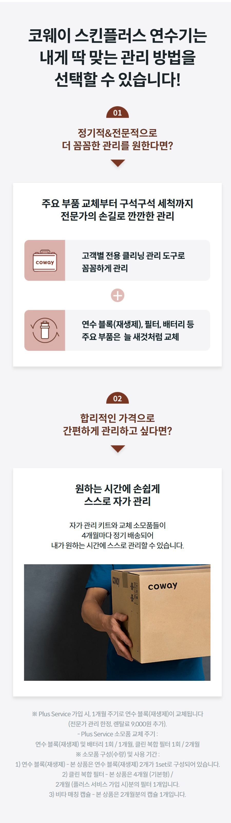 코웨이 스킨플러스 연수기는 내게 딱 맞는 관리 방법을 선택할 수 있습니다! 정기적&전문적으로 더 꼼꼼한 관리를 원한다면? 주요 부품 교체부터 구석구석 세척까지 전문가의 손길로 깐깐한 관리  합리적인 가격으로 간편하게 관리하고 싶다면? 원하는 시간에 손쉽게 스스로 자가 관리 자가 관리 키트와 교체 소모품들이 4개월마다 정기 배송되어 내가 원하는 시간에 스스로 관리할 수 있습니다.  ※ Plus Service 가입 시, 1개월 주기로 연수 블록(재생제)이 교체됩니다 (전문가 관리 한정, 렌탈료 9,000원 추가). - Plus Service 소모품 교체 주기 : 연수 블록(재생제) 및 배터리 1회 / 1개월, 클린 복합 필터 1회 / 2개월 ※ 소모품 구성(수량) 및 사용 기간 : 1) 연수 블록(재생제) - 본 상품은 연수 블록(재생제) 2개가 1set로 구성되어 있습니다. 2) 클린 복합 필터 - 본 상품은 4개월 (기본형) / 2개월 (플러스 서비스 가입 시)분의 필터 1개입니다. 3) 비타 매칭 캡슐 - 본 상품은 2개월분의 캡슐 1개입니다.