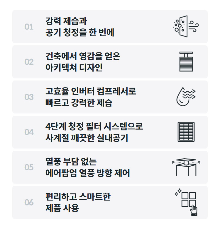  01 강력 제습과 공기 청정을 한 번에    02  건축에서 영감을 얻은 아키텍쳐 디자인    03  고효율 인버터 컴프레서로 빠르고 강력한 제습    04  4단계 청정 필터 시스템으로 사계절 깨끗한 실내공기    05  열풍 부담 없는 에어팝업 열풍 방향 제어    06  편리하고 스마트한 제품 사용