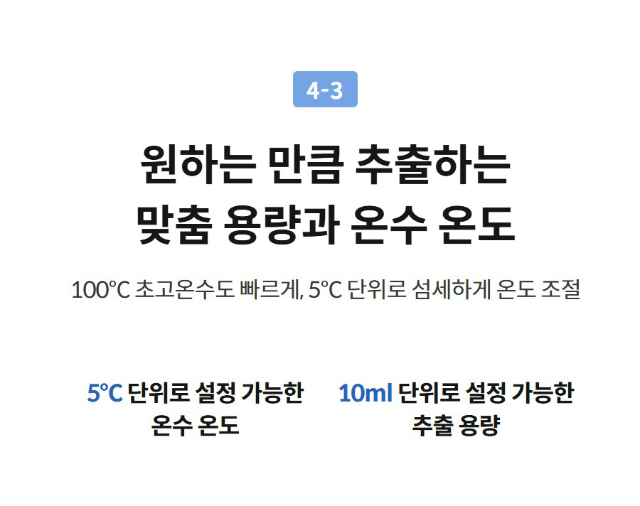 4-3  원하는 만큼 추출하는 맞춤 용량과 온수 온도 100°C 초고온수도 빠르게, 5°C 단위로 섬세하게 온도 조절  5℃ 단위로 설정 가능한 온수 온도  10ml 단위로 설정 가능한 추출 용량