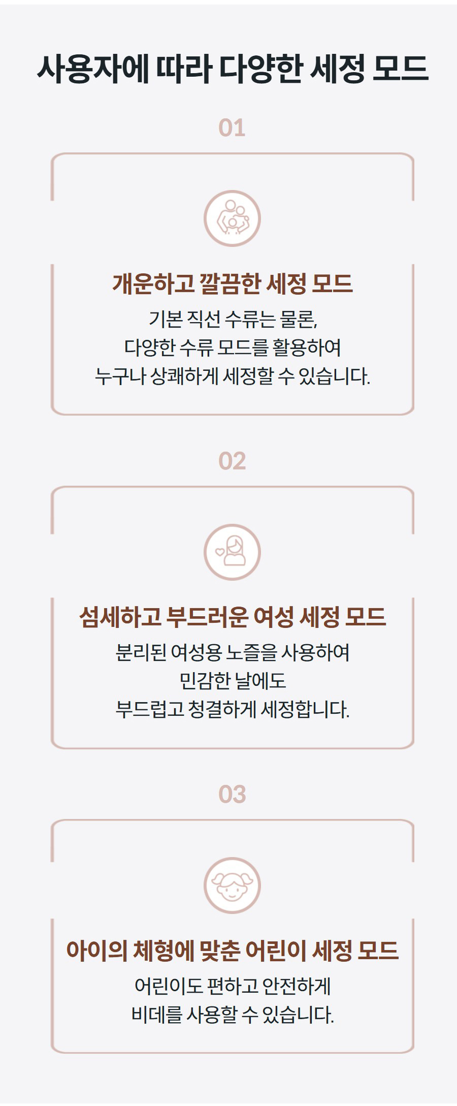 사용자에 따라 다양한 세정 모드 01  개운하고 깔끔한 세정 모드 기본 직선 수류는 물론, 다양한 수류 모드를 활용하여 누구나 상쾌하게 세정할 수 있습니다.  02  섬세하고 부드러운 여성 세정 모드 분리된 여성용 노즐을 사용하여 민감한 날에도 부드럽고 청결하게 세정합니다.  03  아이의 체형에 맞춘 어린이 세정 모드 어린이도 편하고 안전하게 비데를 사용할 수 있습니다.
