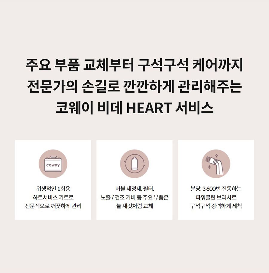주요 부품 교체부터 구석구석 케어까지 전문가의 손길로 깐깐하게 관리해주는 코웨이 비데 HEART 서비스  위생적인 1회용 하트서비스 키트로 전문적으로 깨끗하게 관리   버블 세정제, 필터, 노즐 / 건조 커버(덕트) 등 주요 부품은 늘 새것처럼 교체   분당, 3,600번 진동하는 파워클린 브러시로 구석구석 강력하게 세척