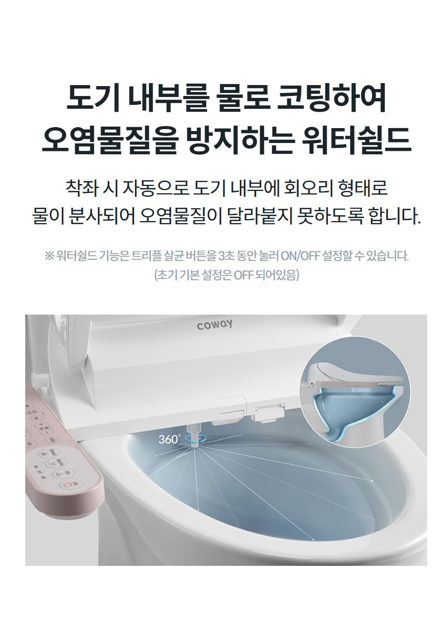 도기 내부를 물로 코팅하여 오염물질을 방지하는 워터쉴드 착좌 시 자동으로 도기 내부에 회오리 형태로 물이 분사되어 오염물질이 달라붙지 못하도록 합니다.  ※ 워터쉴드 기능은 트리플 살균 버튼을 3초 동안 눌러 ON/OFF 설정할 수 있습니다. (초기 기본 설정은 OFF 되어있음)