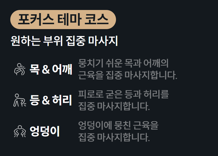 포커스 테마 코스 원하는 부위 집중 마사지  목 & 어깨 뭉치기 쉬운 목과 어깨의 근육을 집중 마사지합니다.  등 & 허리 피로로 굳은 등과 허리를 집중 마사지합니다.  엉덩이 엉덩이에 뭉친 근육을 집중 마사지합니다.