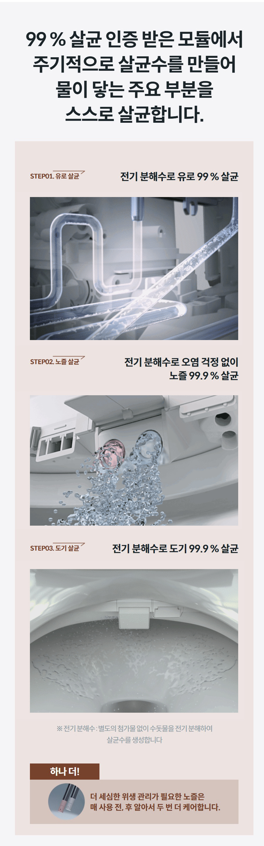 99 % 살균 인증 받은 모듈에서 주기적으로 살균수를 만들어 물이 닿는 주요 부분을 스스로 살균합니다. STEP01. 유로 살균 전기 분해수로 유로 99 % 살균 step1 STEP02. 노즐 살균 전기 분해수로 오염 걱정 없이 노즐 99.9 % 살균 step2 STEP03. 도기 살균 전기 분해수로 도기 99.9 % 살균 step3step3 ※ 전기 분해수 : 별도의 첨가물 없이 수돗물을 전기 분해하여 살균수를 생성합니다 하나 더! 노즐이미지 더 세심한 위생 관리가 필요한 노즐은 매 사용 전, 후 알아서 두 번 더 케어합니다.
