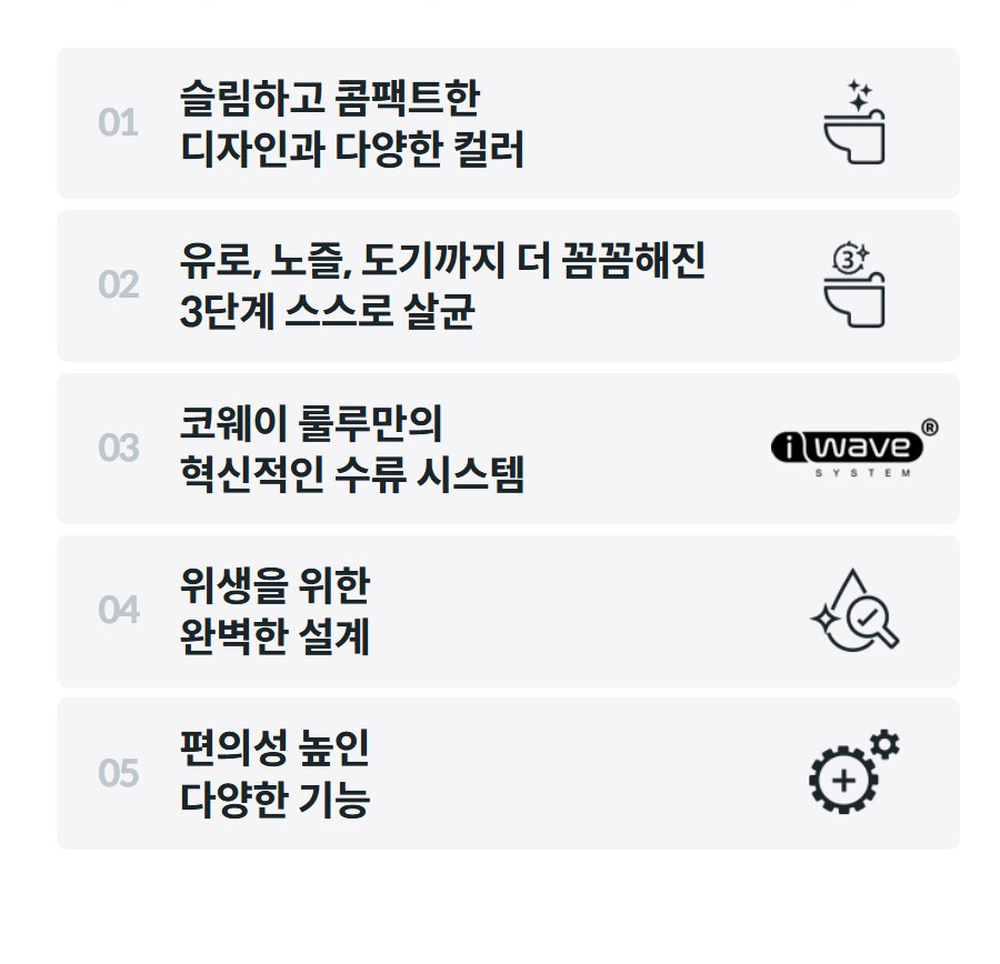 01  슬림하고 콤팩트한 디자인과 다양한 컬러    02  유로, 노즐, 도기까지 더 꼼꼼해진 3단계 스스로 살균    03  코웨이 룰루만의 혁신적인 수류 시스템    04  위생을 위한 완벽한 설계    05  편의성 높인 다양한 기능