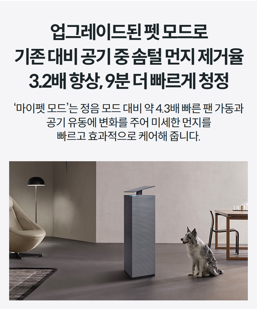 업그레이드된 펫 모드로 기존 대비 공기 중 솜털 먼지 제거율 3.2배 향상, 9분 더 빠르게 청정 ‘마이펫 모드’는 정음 모드 대비 약 4.3배 빠른 팬 가동과 공기 유동에 변화를 주어 미세한 먼지를 빠르고 효과적으로 케어해 줍니다.
