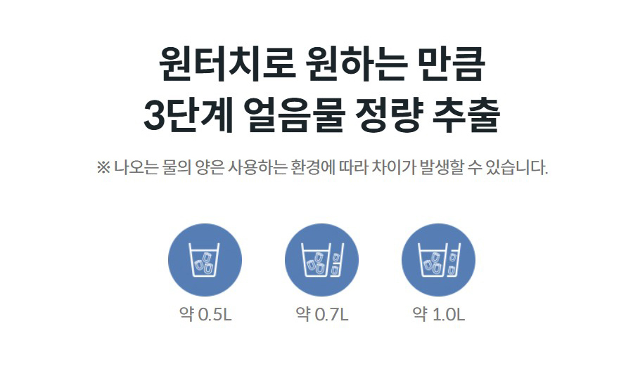 원터치로 원하는 만큼 3단계 얼음물 정량 추출 ※ 나오는 물의 양은 사용하는 환경에 따라 차이가 발생할 수 있습니다.