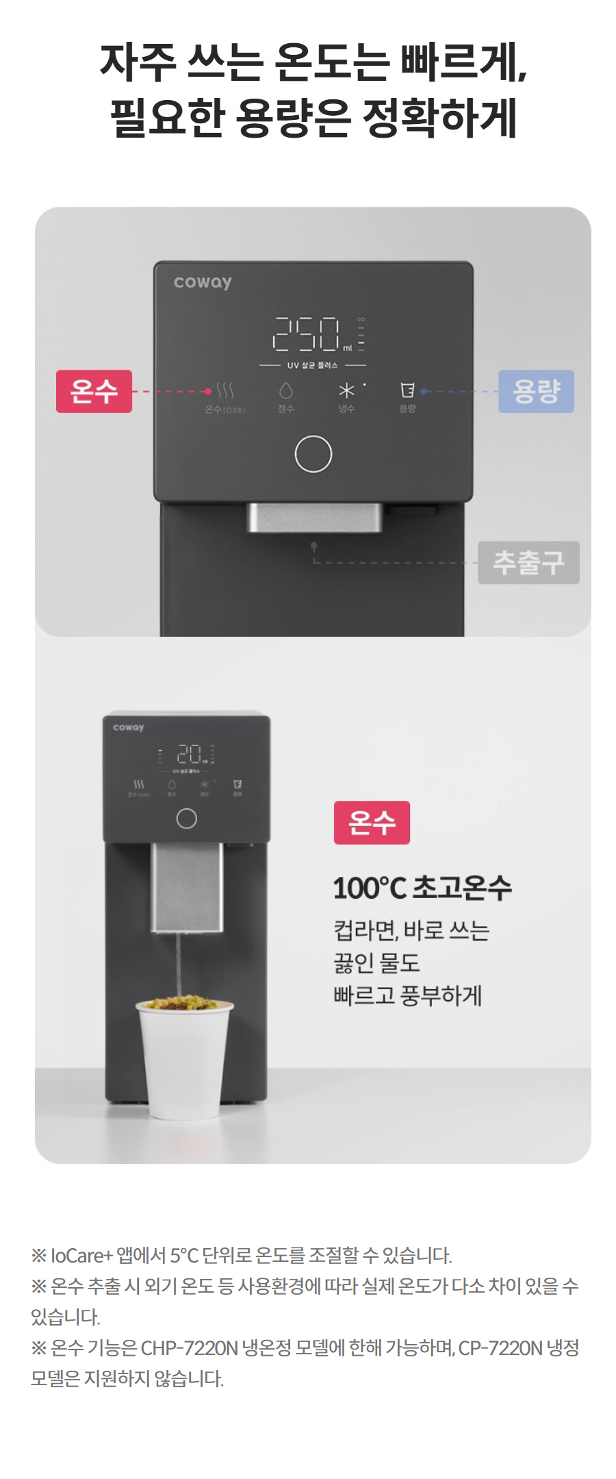 자주 쓰는 온도는 빠르게, 필요한 용량은 정확하게  더 보기 ※ IoCare+ 앱에서 5℃ 단위로 온도를 조절할 수 있습니다. ※ 온수 추출 시 외기 온도 등 사용환경에 따라 실제 온도가 다소 차이 있을 수 있습니다. ※ 온수 기능은 CHP-7220N 냉온정 모델에 한해 가능하며, CP-7220N 냉정 모델은 지원하지 않습니다.