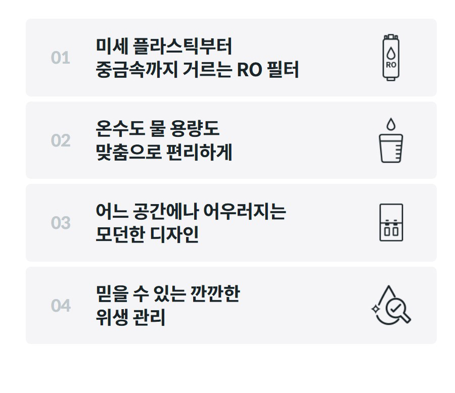 01  미세 플라스틱부터 중금속까지 거르는 RO 필터    02  온수도 물 용량도 맞춤으로 편리하게    03  어느 공간에나 어우러지는 모던한 디자인    04  믿을 수 있는 깐깐한 위생 관리