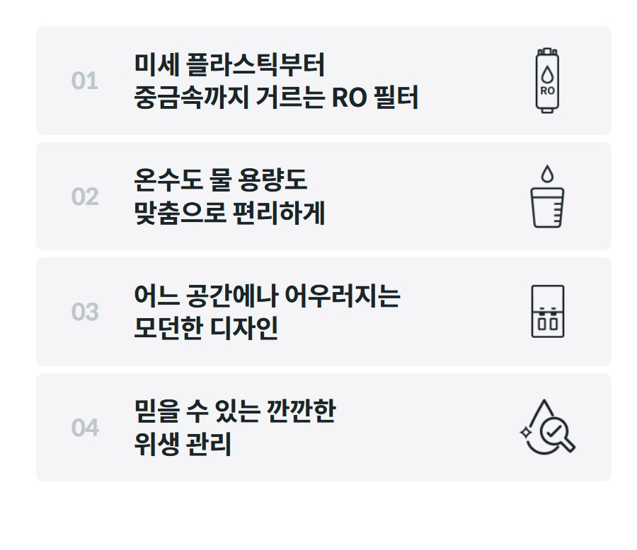 01  미세 플라스틱부터 중금속까지 거르는 RO 필터    02  온수도 물 용량도 맞춤으로 편리하게    03  어느 공간에나 어우러지는 모던한 디자인    04  믿을 수 있는 깐깐한 위생 관리