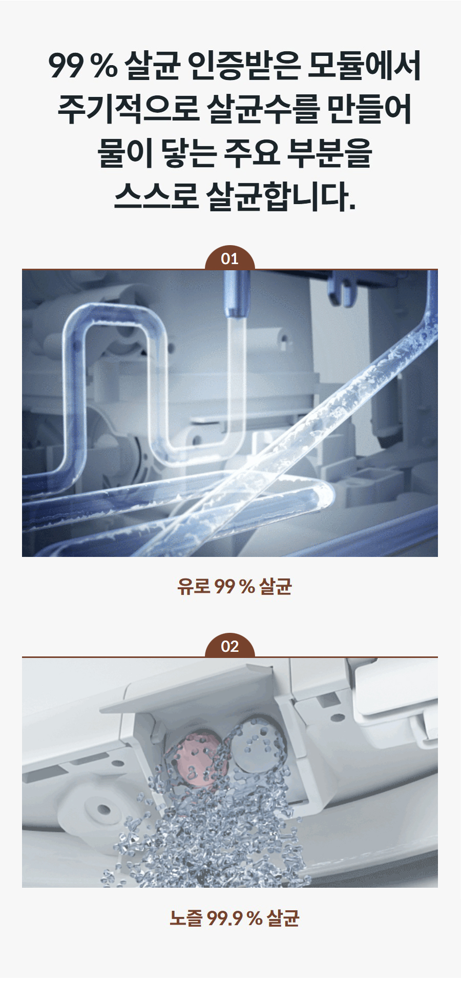 99 % 살균 인증받은 모듈에서 주기적으로 살균수를 만들어 물이 닿는 주요 부분을 스스로 살균합니다. 01  유로 99 % 살균 02  노즐 99.9 % 살균