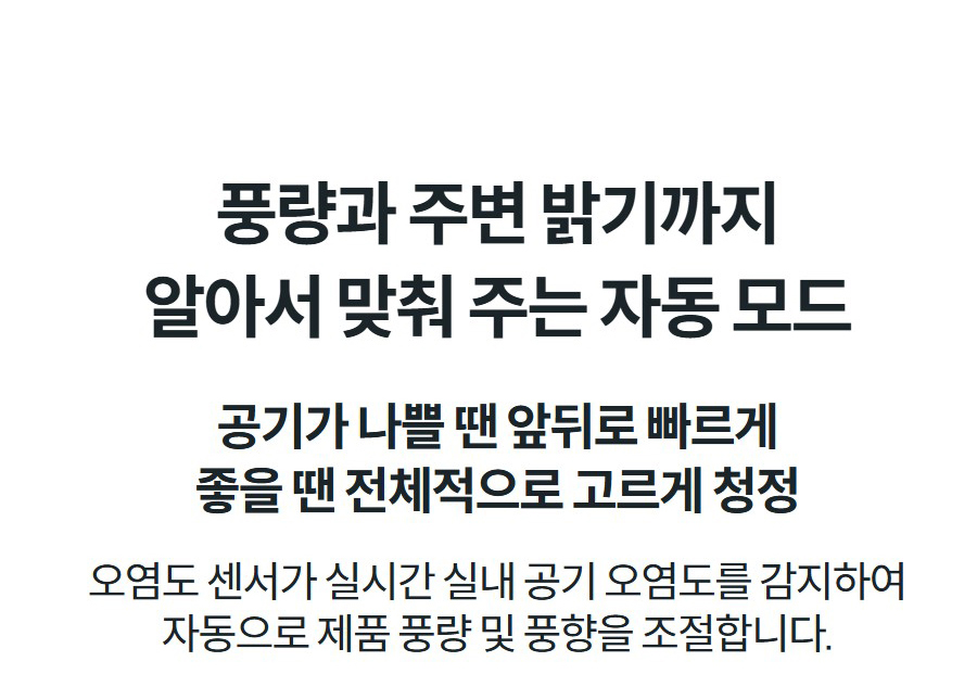 풍량과 주변 밝기까지 알아서 맞춰 주는 자동 모드 공기가 나쁠 땐 앞뒤로 빠르게 좋을 땐 전체적으로 고르게 청정 오염도 센서가 실시간 실내 공기 오염도를 감지하여 자동으로 제품 풍량 및 풍향을 조절합니다.
