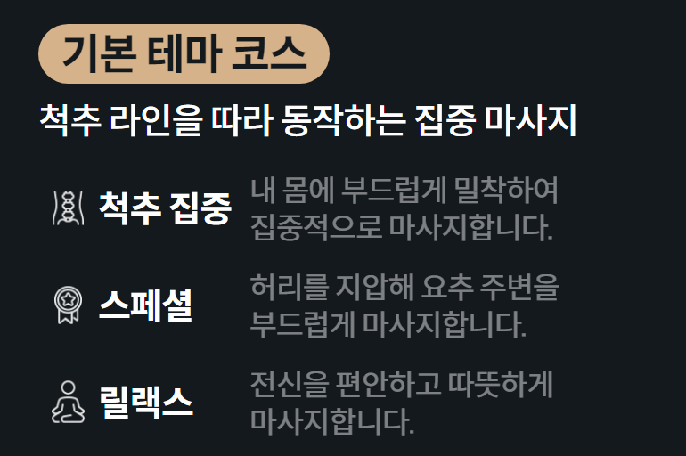 기본 테마 코스 척추 라인을 따라 동작하는 집중 마사지  척추 집중 내 몸에 부드럽게 밀착하여 집중적으로 마사지합니다.  스페셜 허리를 지압해 요추 주변을 부드럽게 마사지합니다.  릴랙스 전신을 편안하고 따뜻하게 마사지합니다.