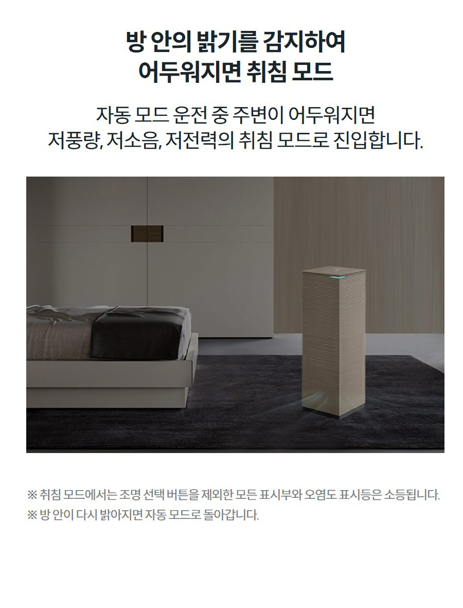 방 안의 밝기를 감지하여 어두워지면 취침 모드 자동 모드 운전 중 주변이 어두워지면 저풍량, 저소음, 저전력의 취침 모드로 진입합니다.※ 취침 모드에서는 조명 선택 버튼을 제외한 모든 표시부와 오염도 표시등은 소등됩니다. ※ 방 안이 다시 밝아지면 자동 모드로 돌아갑니다.