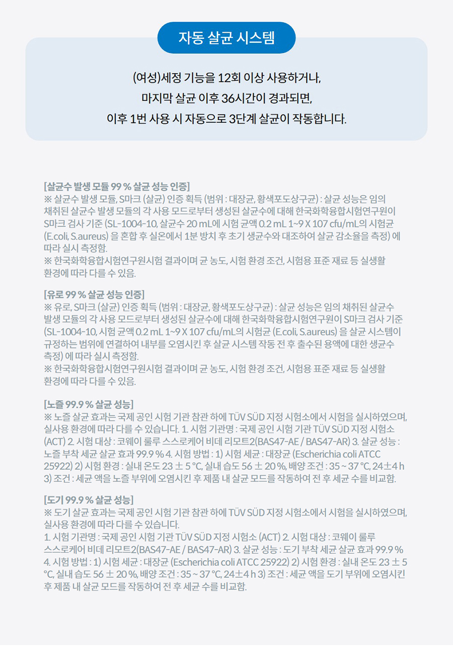 자동 살균 시스템  (여성)세정 기능을 12회 이상 사용하거나, 마지막 살균 이후 36시간이 경과되면, 이후 1번 사용 시 자동으로 3단계 살균이 작동합니다.  더 알아보기 [살균수 발생 모듈 99 % 살균 성능 인증] ※ 살균수 발생 모듈, S마크 (살균) 인증 획득 (범위 : 대장균, 황색포도상구균) : 살균 성능은 임의 채취된 살균수 발생 모듈의 각 사용 모드로부터 생성된 살균수에 대해 한국화학융합시험연구원이 S마크 검사 기준 (SL-1004-10, 살균수 20 mL에 시험 균액 0.2 mL 1~9 X 107 cfu/mL의 시험균 (E.coli, S.aureus) 을 혼합 후 실온에서 1분 방치 후 초기 생균수와 대조하여 살균 감소율을 측정) 에 따라 실시 측정함. ※ 한국화학융합시험연구원시험 결과이며 균 농도, 시험 환경 조건, 시험용 표준 재료 등 실생활 환경에 따라 다를 수 있음. [유로 99 % 살균 성능 인증] ※ 유로, S마크 (살균) 인증 획득 (범위 : 대장균, 황색포도상구균) : 살균 성능은 임의 채취된 살균수 발생 모듈의 각 사용 모드로부터 생성된 살균수에 대해 한국화학융합시험연구원이 S마크 검사 기준 (SL-1004-10, 시험 균액 0.2 mL 1~9 X 107 cfu/mL의 시험균 (E.coli, S.aureus) 을 살균 시스템이 규정하는 범위에 연결하여 내부를 오염시킨 후 살균 시스템 작동 전 후 출수된 용액에 대한 생균수 측정) 에 따라 실시 측정함. ※ 한국화학융합시험연구원시험 결과이며 균 농도, 시험 환경 조건, 시험용 표준 재료 등 실생활 환경에 따라 다를 수 있음. [노즐 99.9 % 살균 성능] ※ 노즐 살균 효과는 국제 공인 시험 기관 참관 하에 TÜV SÜD 지정 시험소에서 시험을 실시하였으며, 실사용 환경에 따라 다를 수 있습니다. 1. 시험 기관명 : 국제 공인 시험 기관 TÜV SÜD 지정 시험소 (ACT) 2. 시험 대상 : 코웨이 룰루 스스로케어 비데 리모트2(BAS47-AE / BAS47-AR) 3. 살균 성능 : 노즐 부착 세균 살균 효과 99.9 % 4. 시험 방법 : 1) 시험 세균 : 대장균 (Escherichia coli ATCC 25922) 2) 시험 환경 : 실내 온도 23 ± 5 ℃, 실내 습도 56 ± 20 %, 배양 조건 : 35 ~ 37 °C, 24±4 h 3) 조건 : 세균 액을 노즐 부위에 오염시킨 후 제품 내 살균 모드를 작동하여 전 후 세균 수를 비교함. [도기 99.9 % 살균 성능] ※ 도기 살균 효과는 국제 공인 시험 기관 참관 하에 TÜV SÜD 지정 시험소에서 시험을 실시하였으며, 실사용 환경에 따라 다를 수 있습니다. 1. 시험 기관명 : 국제 공인 시험 기관 TÜV SÜD 지정 시험소 (ACT) 2. 시험 대상 : 코웨이 룰루 스스로케어 비데 리모트2(BAS47-AE / BAS47-AR) 3. 살균 성능 : 도기 부착 세균 살균 효과 99.9 % 4. 시험 방법 : 1) 시험 세균 : 대장균 (Escherichia coli ATCC 25922) 2) 시험 환경 : 실내 온도 23 ± 5 ℃, 실내 습도 56 ± 20 %, 배양 조건 : 35 ~ 37 °C, 24±4 h 3) 조건 : 세균 액을 도기 부위에 오염시킨 후 제품 내 살균 모드를 작동하여 전 후 세균 수를 비교함.