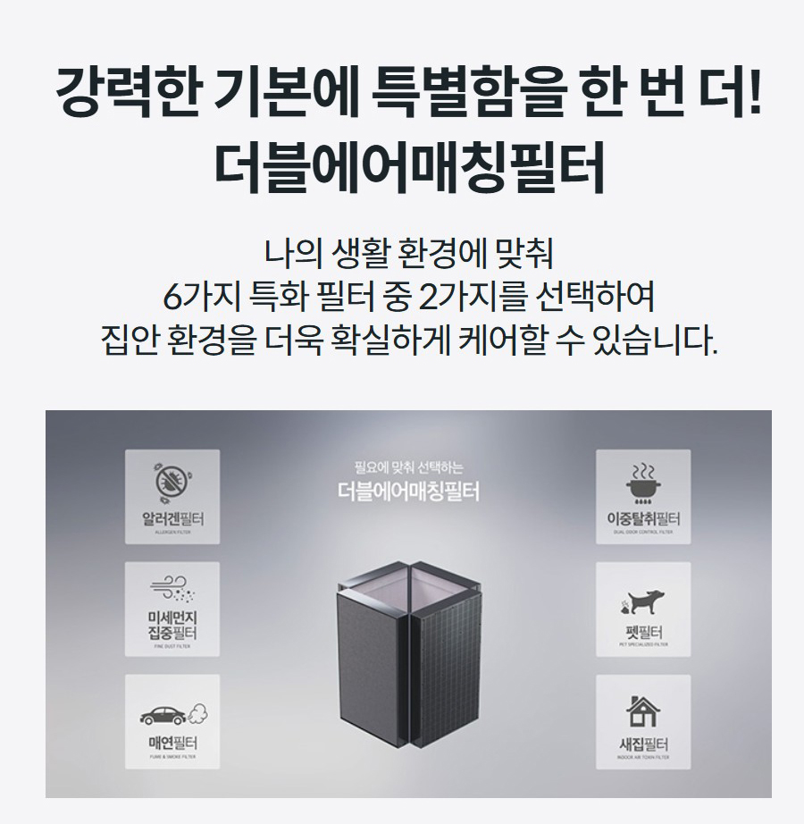 강력한 기본에 특별함을 한 번 더! 더블에어매칭필터 나의 생활 환경에 맞춰 6가지 특화 필터 중 2가지를 선택하여 집안 환경을 더욱 확실하게 케어할 수 있습니다.