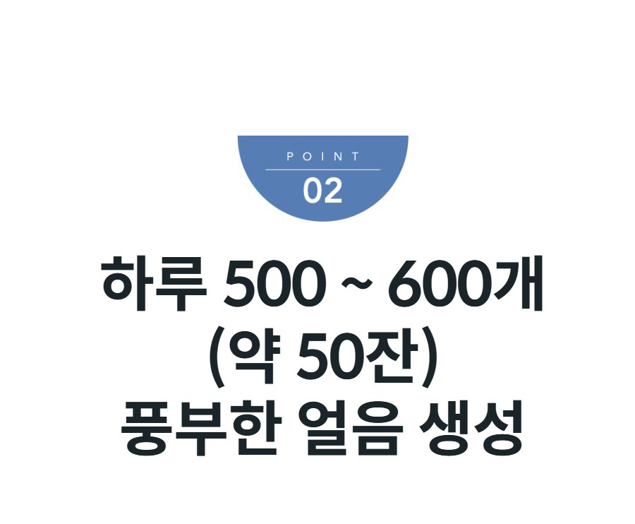 하루 500 ~ 600개 (약 50잔) 풍부한 얼음 생성