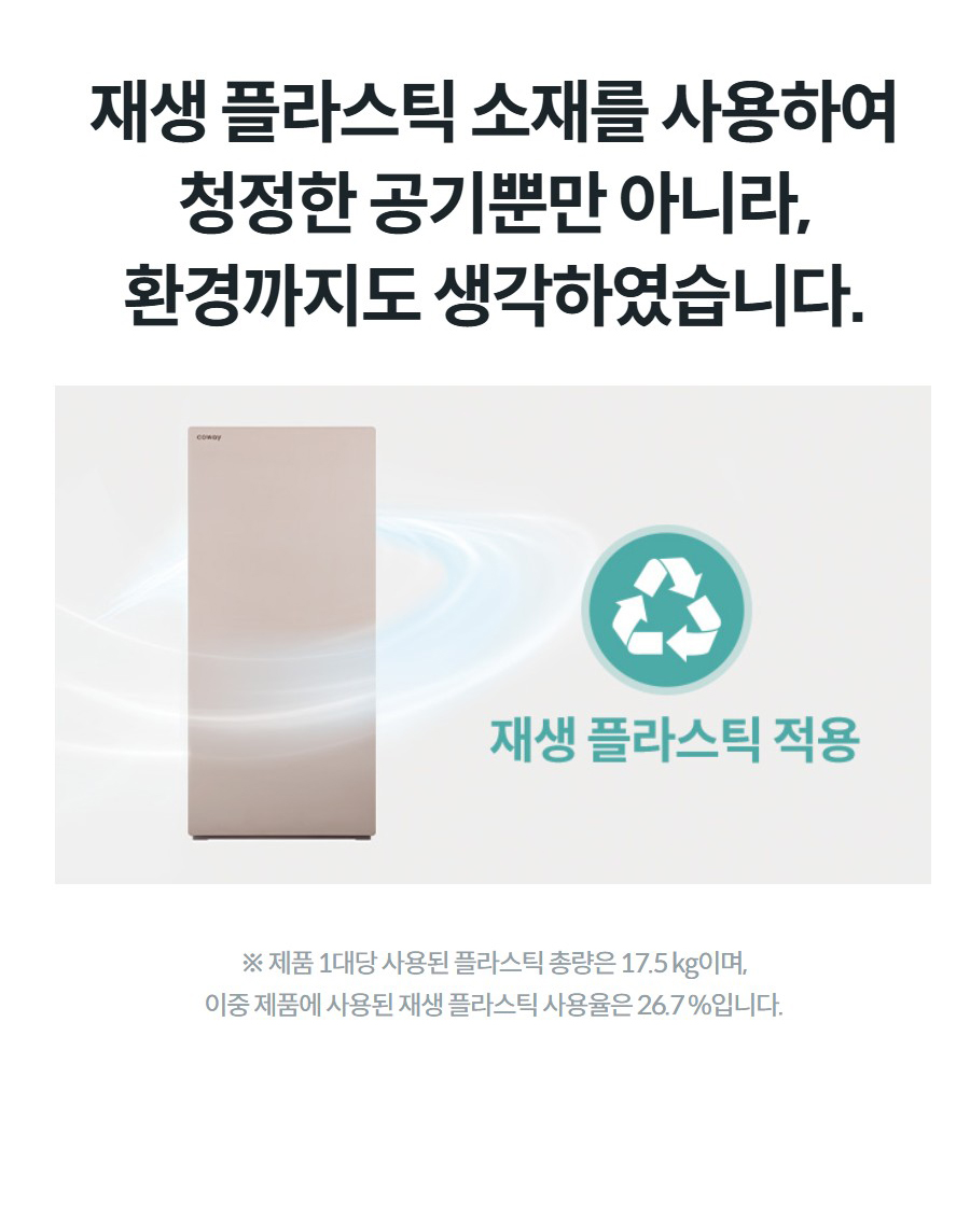 재생 플라스틱 소재를 사용하여 청정한 공기뿐만 아니라, 환경까지도 생각하였습니다. ※ 제품 1대당 사용된 플라스틱 총량은 17.5 kg이며, 이중 제품에 사용된 재생 플라스틱 사용율은 26.7 %입니다.