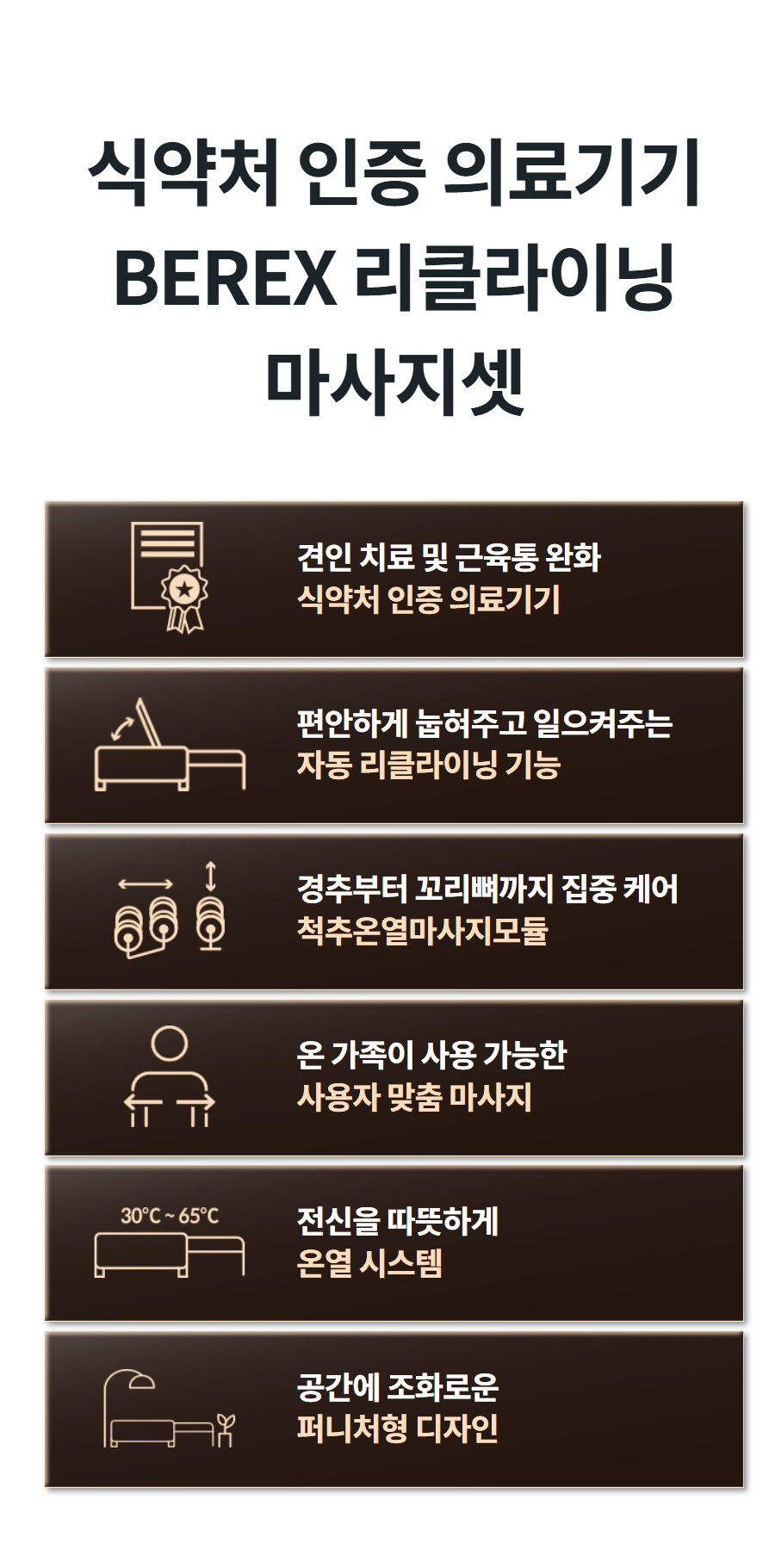 식약처 인증 의료기기 BEREX 리클라이닝 마사지셋   견인 치료 및 근육통 완화 식약처 인증 의료기기    편안하게 눕혀주고 일으켜주는 자동 리클라이닝 기능    경추부터 꼬리뼈까지 집중 케어 척추온열마사지모듈    온 가족이 사용 가능한 사용자 맞춤 마사지    전신을 따뜻하게 온열 시스템    공간에 조화로운 퍼니처형 디자인