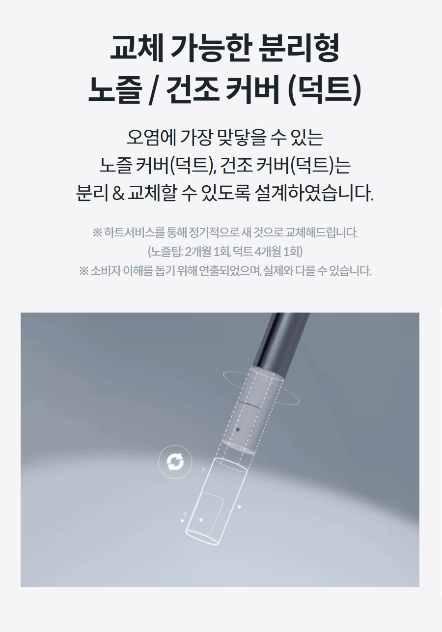 교체 가능한 분리형 노즐 / 건조 커버 (덕트) 오염에 가장 맞닿을 수 있는 노즐 커버(덕트), 건조 커버(덕트)는 분리 & 교체할 수 있도록 설계하였습니다.  ※ 하트서비스를 통해 정기적으로 새 것으로 교체해드립니다. (노즐팁: 2개월 1회, 덕트 4개월 1회) ※ 소비자 이해를 돕기 위해 연출되었으며, 실제와 다를 수 있습니다