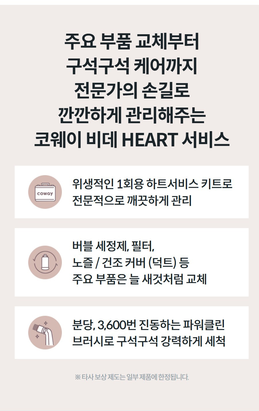 주요 부품 교체부터 구석구석 케어까지 전문가의 손길로 깐깐하게 관리해주는 코웨이 비데 HEART 서비스  위생적인 1회용 하트서비스 키트로 전문적으로 깨끗하게 관리  버블 세정제, 필터, 노즐 / 건조 커버 (덕트) 등 주요 부품은 늘 새것처럼 교체  분당, 3,600번 진동하는 파워클린 브러시로 구석구석 강력하게 세척 ※ 타사 보상 제도는 일부 제품에 한정됩니다.