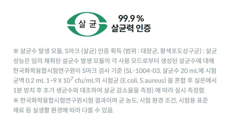 99.9 % 살균력 인증 ※ 살균수 발생 모듈, S마크 (살균) 인증 획득 (범위 : 대장균, 황색포도상구균) : 살균 성능은 임의 채취된 살균수 발생 모듈의 각 사용 모드로부터 생성된 살균수에 대해 한국화학융합시험연구원이 S마크 검사 기준 (SL-1004-03, 살균수 20 mL에 시험 균액 0.2 mL 1~9 X 107 cfu/mL의 시험균 (E.coli, S.aureus) 을 혼합 후 실온에서 1분 방치 후 초기 생균수와 대조하여 살균 감소율을 측정) 에 따라 실시 측정함. ※ 한국화학융합시험연구원시험 결과이며 균 농도, 시험 환경 조건, 시험용 표준 재료 등 실생활 환경에 따라 다를 수 있음.