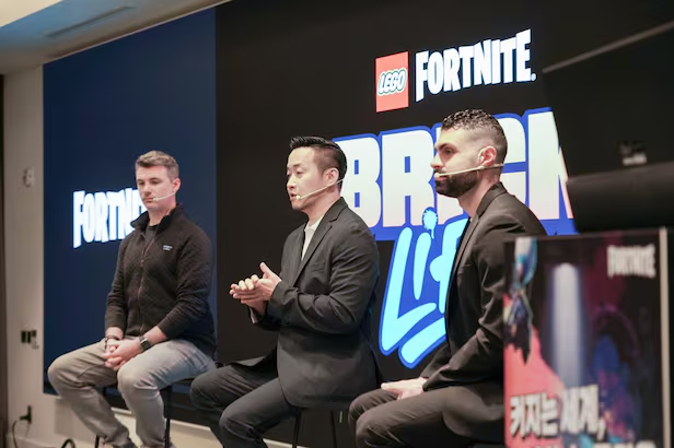 (From left) Eric Williamson, Senior Director of Design at Epic Games, Park Seong-cheol, CEO of Epic Games Korea, and Michael Modon, Senior Director of Partnerships at Epic Games, are participating in a Q&A session at a press conference held at Andaz Seoul in Gangnam, Seoul on Nov. 11./Courtesy of Epic Games