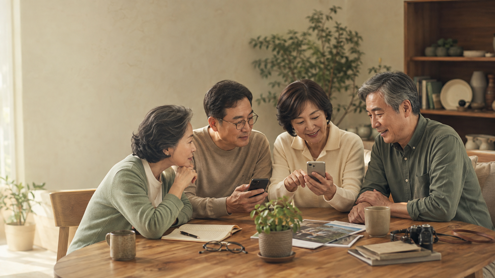 스마트폰으로 여행과 취미 활동 정보를 찾아보는 50대와 60대 사람들