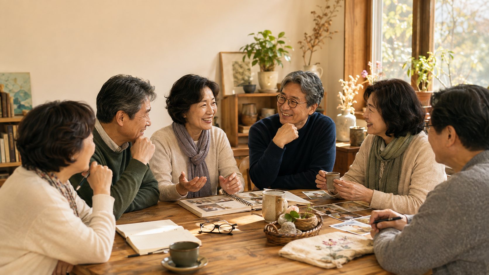 공통 관심사를 주제로 대화하며 취미 모임에 참여하는 50대와 60대 사람들