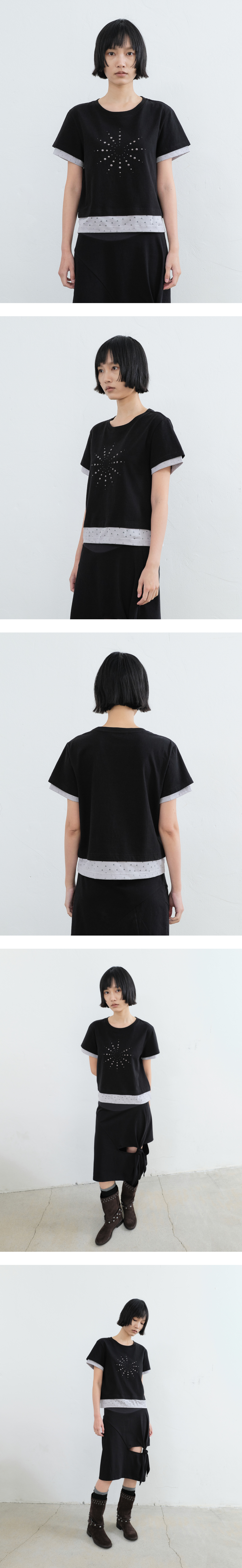 LAYERED DOT STUD HALF SLEEVE TOP (BLACK)