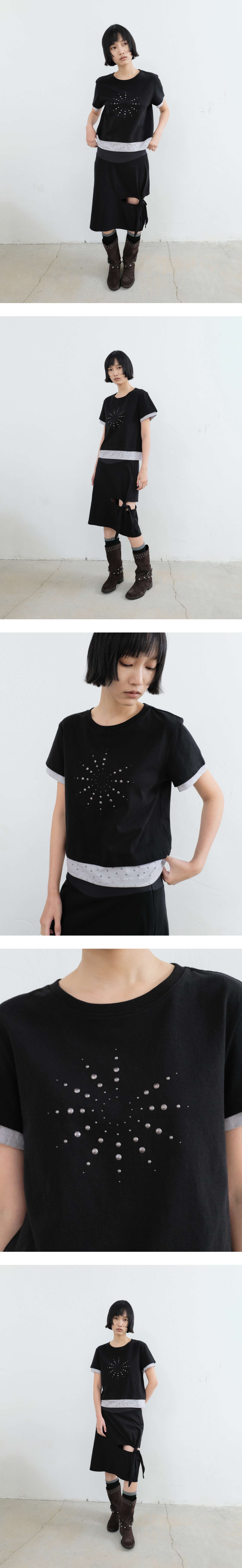 LAYERED DOT STUD HALF SLEEVE TOP (BLACK)
