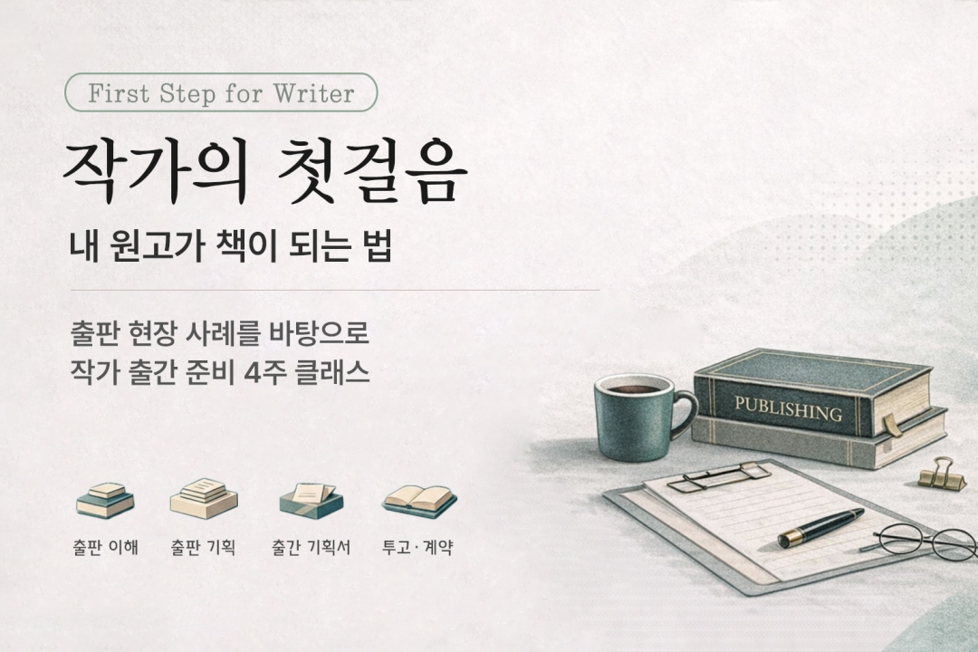 작가의 첫걸음: 내 원고가 책이 되는 법은 출판 현장 사례를 바탕으로 출판사의 관점을 이해하고, 출간 기획서 작성부터 투고·계약까지 출간 준비의 핵심 흐름을 정리하는 클래스입니다.