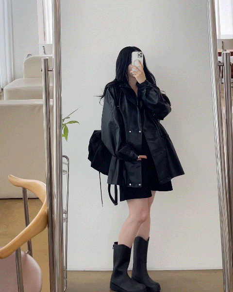 레더 스트링 오버자켓-블랙