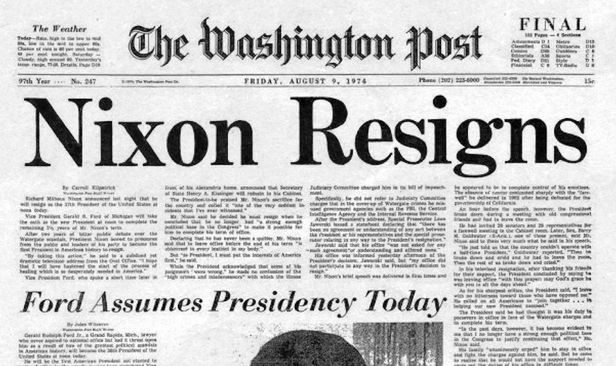 워터게이트 사건으로 리처드 닉슨 당시 미국 대통령의 사임 사실을 보도한 워싱턴포스트 1974년 8월9일자 A1면